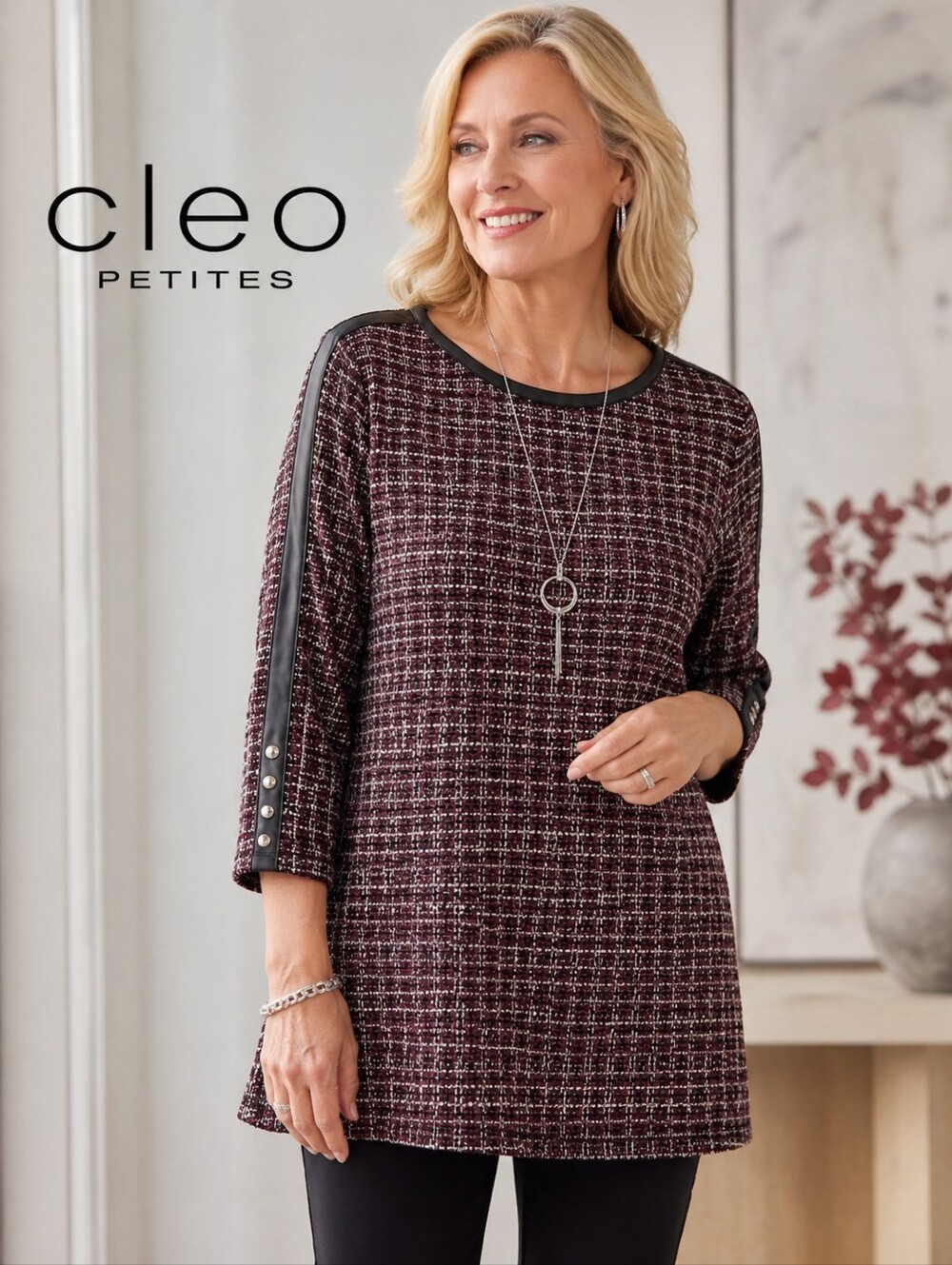 CLEO Tunic Plaid Knit Top ,pleather trim, Red/Blk/Silver Sz XL